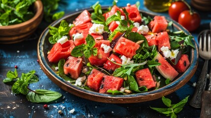  A watermelon salad in a bowl Fork and knife nearby on a blue surface
