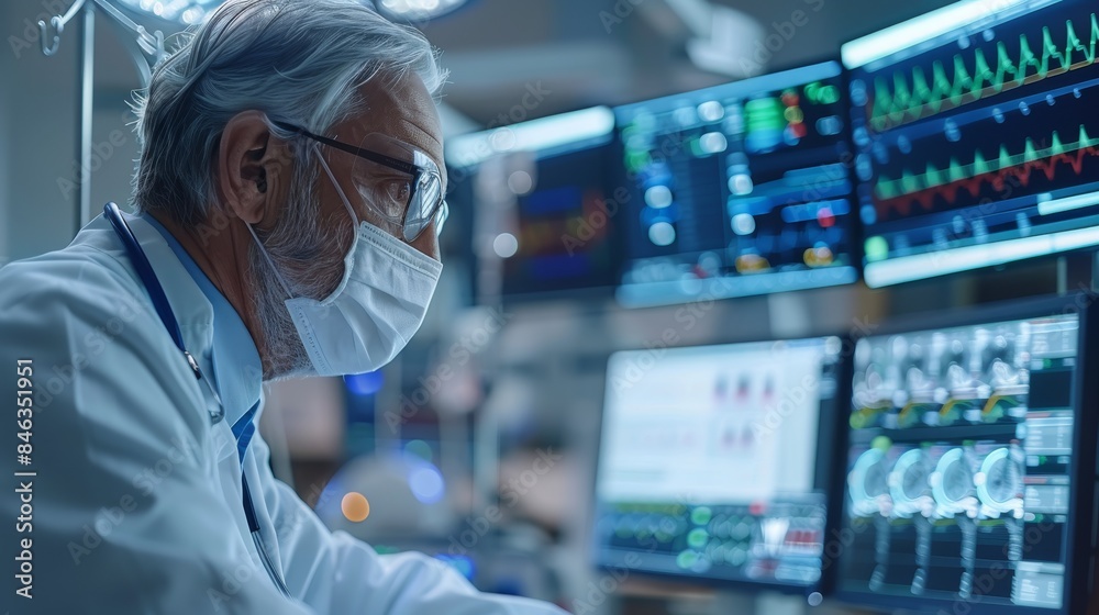 Poster healthcare professional monitoring patient vitals using ai tools, realtime data analysis, improved p