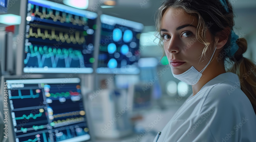 Poster healthcare professional monitoring patient vitals using ai tools, realtime data analysis, improved p