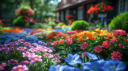 Fototapeta premium Heliotrope flowers growing in a charming cottage garden surrounded by other colorful blooms
