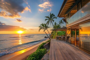 Beachfront Property, The exterior of a stunning beachfront property at sunset. The house features large glass doors opening onto a spacious deck with a view of the ocean. The scene includes palm trees