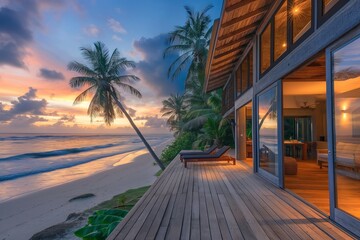Beachfront Property, The exterior of a stunning beachfront property at sunset. The house features large glass doors opening onto a spacious deck with a view of the ocean. The scene includes palm trees