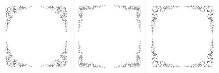 Set of three vector frames. Elegant black and white monochrome ornamental border for greeting cards, banners, invitations. Vector frame for all sizes and formats. Isolated vector illustration.	
