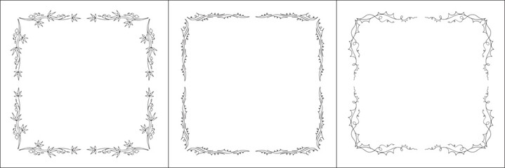 Set of three thin elegant black and white ornamental frame, decorative border, corners for greeting cards, banners, business cards, invitations, menus. Isolated vector illustration.	
