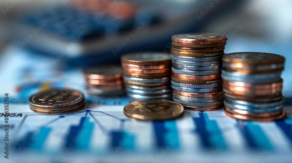 Poster stacks of coins and blue upward arrows on a blurred background with a calculator, depicting the conc