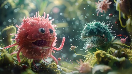 An innovative concept of a microscopic battle between good and bad bacteria, symbolizing the importance of pathogen control for indoor hygiene