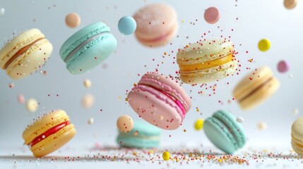 Colorful macarons flying through the air with confetti on a white background. High quality photo