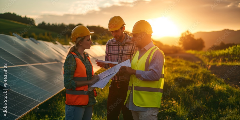 Aufkleber engineers work on a solar panel project in a rural area at sunrise, using blueprints to discuss sust