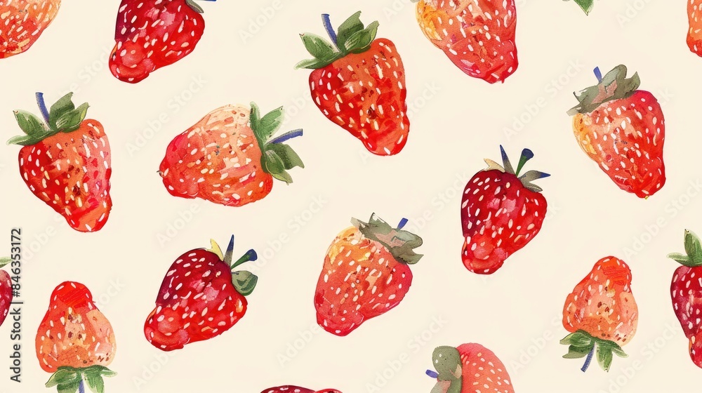 Sticker A minimalist cartoon style print featuring a seamless pattern of strawberries for fabric or background design