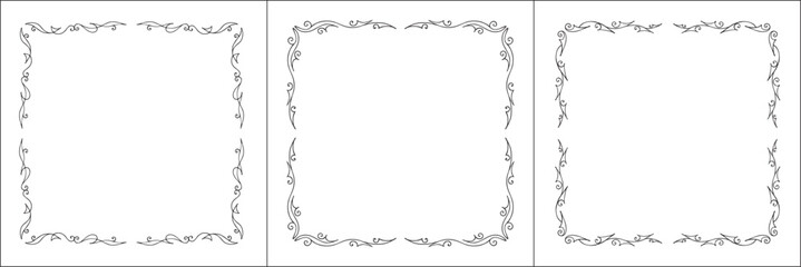Set of three thin elegant black and white ornamental frame, decorative border, corners for greeting cards, banners, business cards, invitations, menus. Isolated vector illustration.	