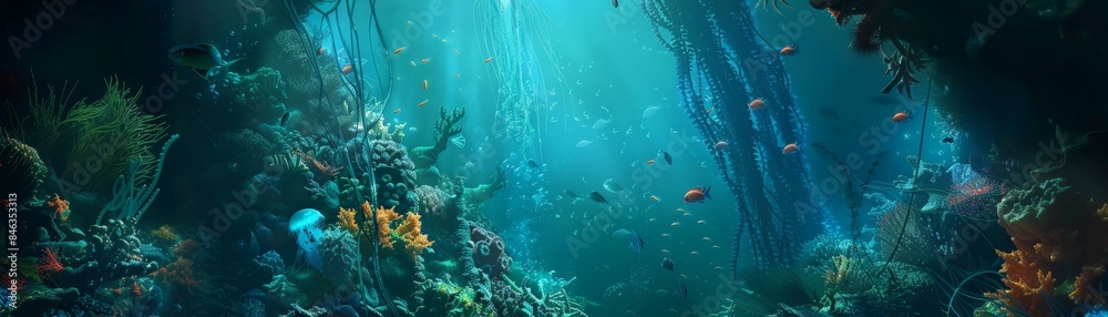 Wall mural Vibrant underwater scene depicting colorful coral reefs and diverse marine life in a serene ocean setting.