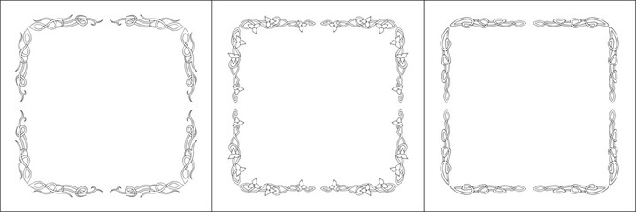 Elegant black and white frame with Scandinavian ornament, decorative border, corners for greeting cards, banners, business cards, invitations, menus. Isolated vector illustration.	