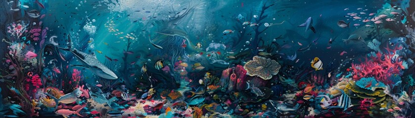 Fototapeta premium Vibrant underwater scene with colorful coral reefs, various fish, and marine life in a beautifully rendered aquatic environment.