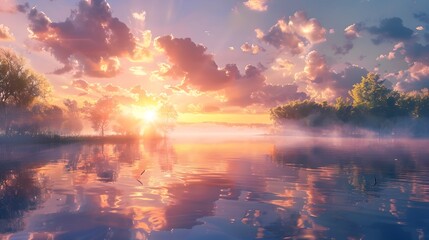 Naklejka premium Serene Summer Evening Reflected on Tranquil Lake Amid Ethereal Cloudscape and Golden Sunlight