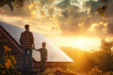 A father and son bond over solar energy, symbolizing family unity and a sustainable future through renewable energy, fostering strong relationships and environmental consciousness