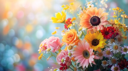 Vibrant Floral Bouquet Against Soft Watercolor Backdrop