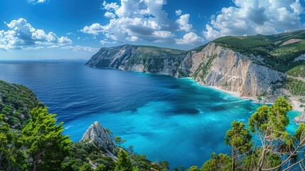 A panoramic view of where the turquoise sea meets the dramatic cliffs, a perfect natural symphony of color and form