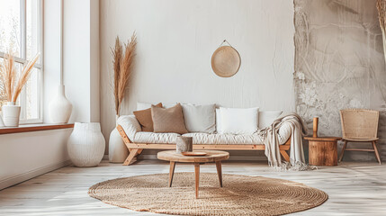 Modern hotel room with elegant bedding and stylish decor. Neutral tones, boho composition and use of natural light.