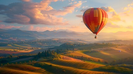 Fototapeta premium Enchanting Aerial Voyage Over Picturesque Countryside with Vibrant Hot Air Balloon