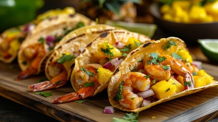  Three tacos, each topped with shrimp, pineapple, and cilantro, arranged on a cutting board Lime wedges accompany the dish