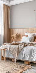 Modern hotel room with elegant bedding and stylish decor. Neutral tones, boho composition and use of natural light.