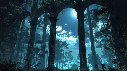 A picturesque window view of an ancient forest bathed in moonlight, with the night sky peeking...