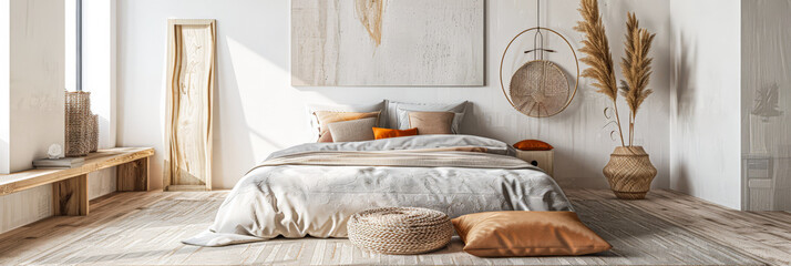 Modern hotel room with elegant bedding and stylish decor. Neutral tones, boho composition and use of natural light.