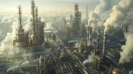 
Expansive view of an oil and gas refinery plant with towering smokestacks and intricate pipelines. The industrial zone is bustling with activity under a clear sky.