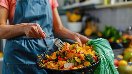 Person in apron discarding colorful food waste into a green compostable bag in a kitchen setting, promoting environmental consciousness.