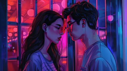 Romantic couple sharing an intimate moment with neon lights in the background, creating a dreamy, cinematic atmosphere.