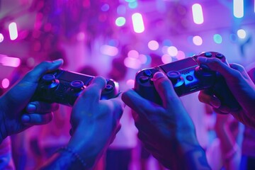 Two people holding game controllers amidst vibrant neon lights, highlighting the excitement of multiplayer gaming sessions.
