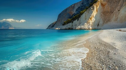 A quiet, early afternoon at Porto Katsiki, where the sun illuminates the turquoise waters and the white pebble beach, showcasing the untouched beauty of Lefkada.
