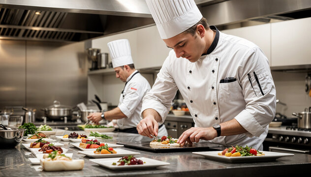 A chef in a high-end kitchen preparing a gourmet meal.