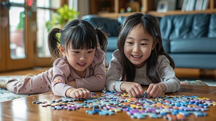 Two 10-year-old Chinese girls putting together a puzzle, realistic style, natural lighting, indoor setting. Generative AI.