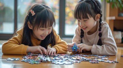 Two 10-year-old Chinese girls putting together a puzzle, realistic style, natural lighting, indoor setting. Generative AI.