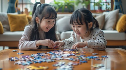 Fototapeta premium Two 10-year-old Chinese girls putting together a puzzle, realistic style, natural lighting, indoor setting. Generative AI.