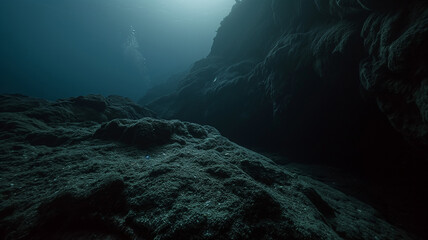 Underwater photography, calcareous rocks forming cornices. Landscapes photography. Cinematic mood.