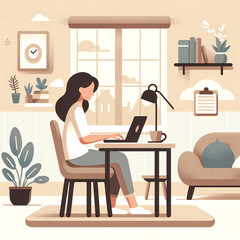 在宅ワークをする女性のイラスト