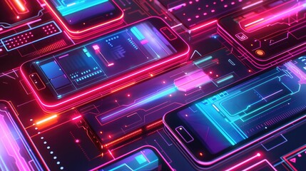 Smartphone with neon glow metaverse virtual reality blockchain web