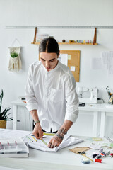 A young man in a white shirt measures fabric with a tape measure, meticulously working on a new clothing project in his sustainable atelier.