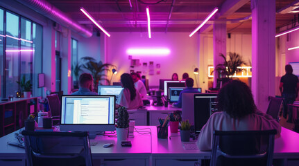Digital agency office, with laptops, and people, purple light. Generative AI.