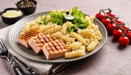 Grilled chicken with pasta and salad