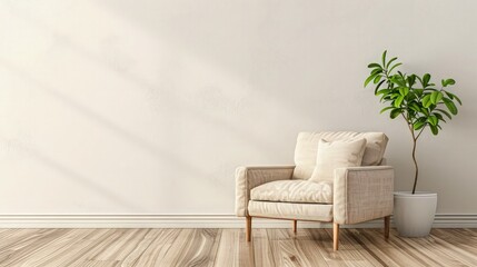 A Scandinavian living room with a textured beige armchair, wooden flooring, and a simple green plant adding a touch of nature to the clean, airy space. 3D illustration.