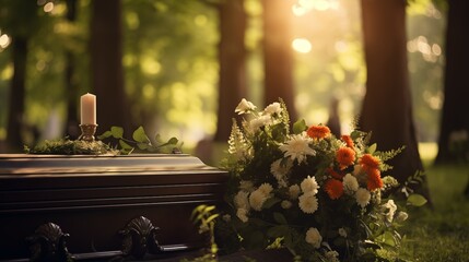 The coffin is decorated with flowers. Funeral. Funeral services. Funeral decoration and organization services. Burial