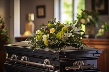 The coffin is decorated with flowers. Funeral. Funeral services. Funeral decoration and organization services. Burial