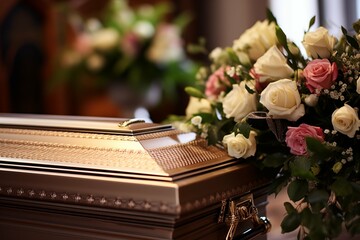 The coffin is decorated with flowers. Funeral. Funeral services. Funeral decoration and organization services. Burial