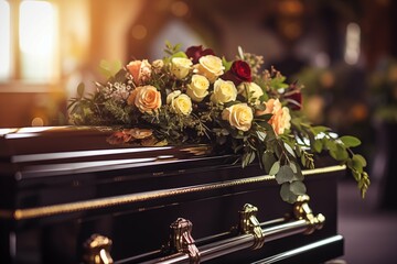 The coffin is decorated with flowers. Funeral. Funeral services. Funeral decoration and organization services. Burial