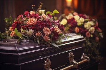 The coffin is decorated with flowers. Funeral. Funeral services. Funeral decoration and organization services. Burial