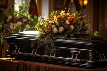 The coffin is decorated with flowers. Funeral. Funeral services. Funeral decoration and organization services. Burial