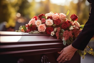 Laying flowers on the coffin. Funeral. Funeral services. Funeral decoration and organization services. Burial
